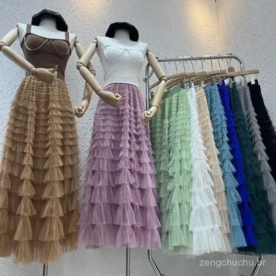 Saia de Fada com Babados Transparentes para Comércio Exterior, Saia Meia para Mulheres, Vestido Longo de Cintura Alta Sl