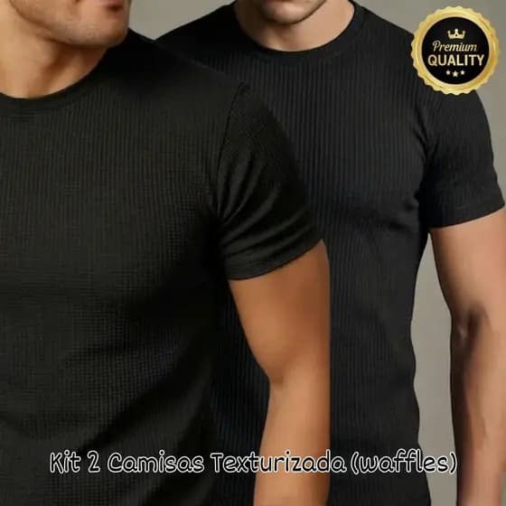 Kit 2 Camiseta Masculina Preta Básica Confortável Malha Texturizada Waffle