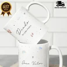 Caneca Convite Padrinhos Batizado Dindo e Dinda Personalizada Nome Bebê Aquarela Cute