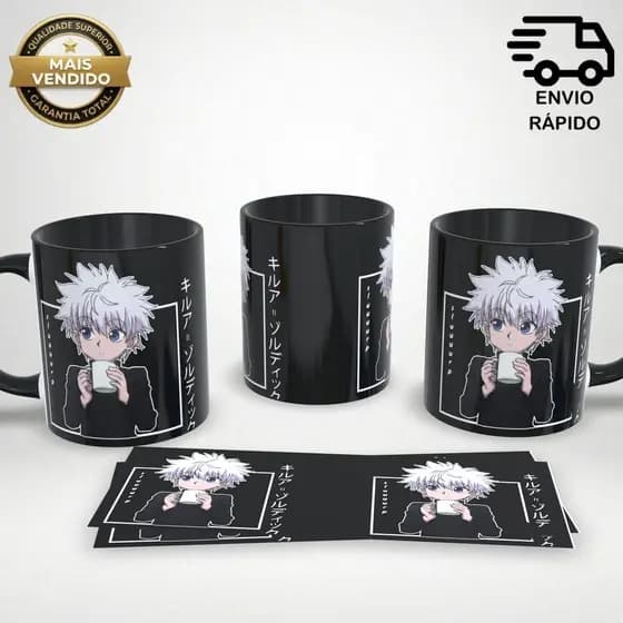 Caneca Personalizada Killua Hunter Anime Manga Preta 325ml Alta Qualidade Colecionável