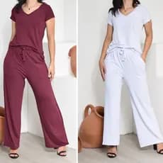 Kit 2 Conjuntos Feminino Elegante Casual Básico Blusa e Pantalona