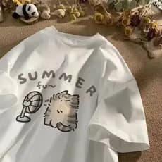 Camiseta Camisa Básica T-Shirt Algodão Feminina Funny Summer Cat Calor De Verão