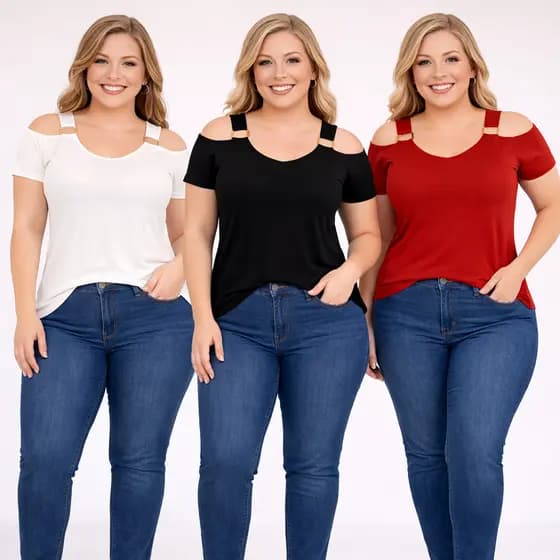 Blusa feminina Plus Size Blusinha Detalhe Dourado aberta Ombro Aberto Moda Verão