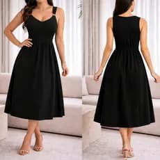 Vestido Feminino Midi Malha Leve Sem Manga Cintura Alta Elegante Moda Feminina Mulheres Casual Gola