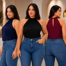 Regata Plus Size Gola Alta Feminina Blusa Halter Duna Elegante Casual Confortável Moda Feminina Leve