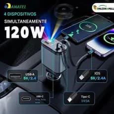 Carregador para Carro Ajustável 180° com Cabo Retrátil 4 em 1 Rápido e Luz LED iPhone Android