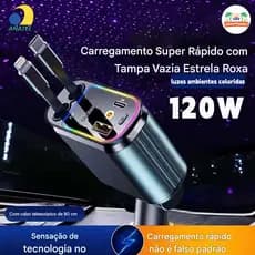 Carregador Automotivo Retrátil 4 em 1 com Rotação 180° Cabo Flexível e Iluminação LED para Celulares