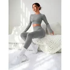 Conjunto De Fitness : Calças Justas , Cintura Alta E top Curto , Manga Comprida , Transparência zero