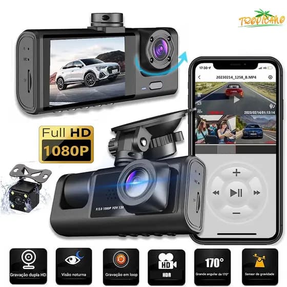 Sistema de Gravação Tripla para Carro com Wi-Fi - Câmeras Dianteira, Traseira e Interna em Full HD  Armaz 64GB