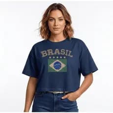 Cropped Oversized Strass Brilho Brasil Feminino Estampa Bandeira 100% Algodão