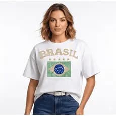 Camiseta Básica Strass Brilho Brasil Feminino Estampa Bandeira 100% Algodão