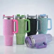 Copo Térmico 1200ml Com Strass Brilhante Com Alça Tampa E Canudo