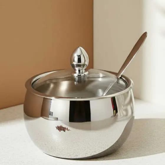 Açucareiro Inox Tampa De Vidro Colher Acabamento Cromado Cozinha