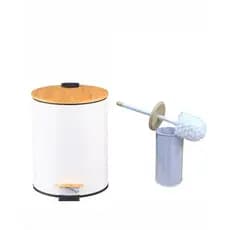 KIT Lixeira 5L com Pedal + Escova Sanitária em Inox com Tampa de Bambu
