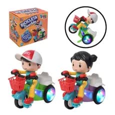 Boneco empina Bicicleta Triciclo Musical Som Luz Crianças Brinquedos Gira 360 Mini Moto