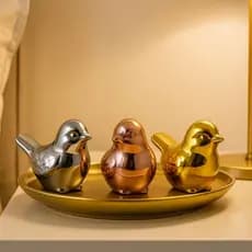 Passarinho de Porcelana Dourado, Prata e Rose Decorativo Luxo para Sala ou Mesa