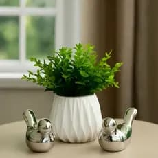 Kit Vaso com Planta Artificial + Pássaros Decorativos Prata, Dourado ou Rosé | Decoração Sala