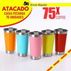 Kit 75 Copo Térmico 473ml Com Tampa e Abridor Copo Inox Atacado Premium Caixa Fechada