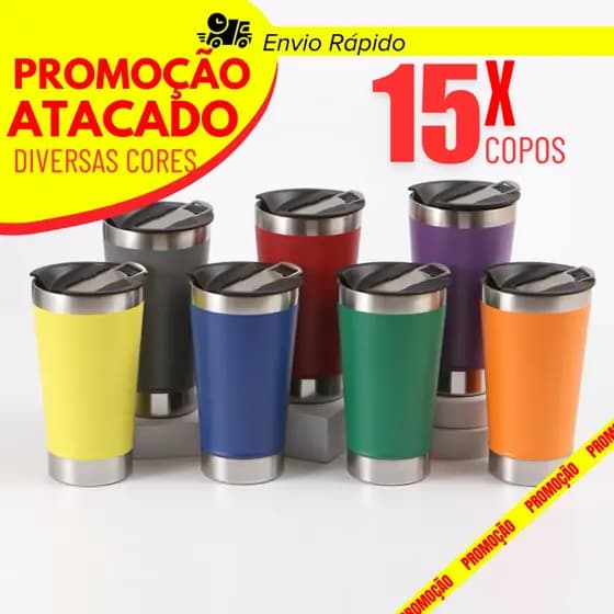 Kit 15 Copo Térmico 473ml Com Tampa e Abridor Copo Inox Atacado Sem Logo Premium