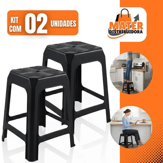 Kit com 2 Banqueta Plástico Preta Banco Resistente Suporta Até 120 Kg