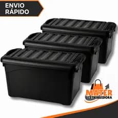 Kit 3 Unidades Caixa Organizadora 95 Litros Com Rodinhas e Trava Preta Para Transporte HeavyBox