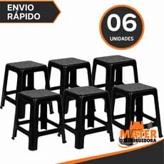 Kit 6 Banqueta Plástica Preta Resistente Empilháveis Adulto Suporta Até 120Kg