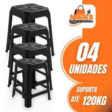 Kit de 4 Banqueta de Plástico Preta Banquinho Reforçado Banco Até 120Kg