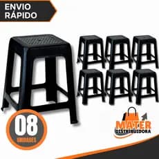 Kit 8 Banqueta Preta De Plástico Resistente Reforçada Adulto Suporta Até 120kg