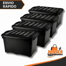 kit 04 unidades caixa organizadora 50 Litros preta com trava reforçada