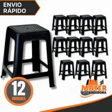 Kit 12 Unidades Banqueta Preta De Plástico Resistente Reforçada Adulto Suporta Até 120kg