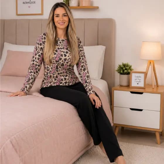 Pijama Feminino Suede Inverno Manga Comprida e Calça