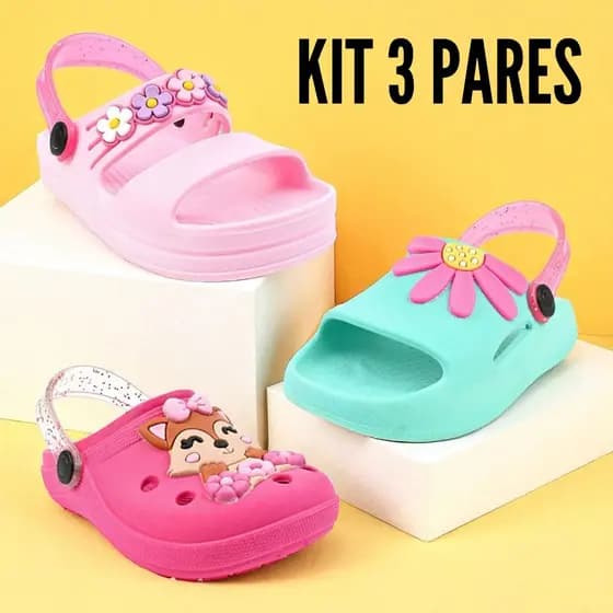 Kit 3 pares Infantil Feminino Babuche Chinelo Correia Papete Escolar Original Para Meninas Promoção