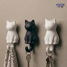Kit com 3 Ganchos de Parede em Formato de Gato – Porta-Chaves Fofo Sem Furar