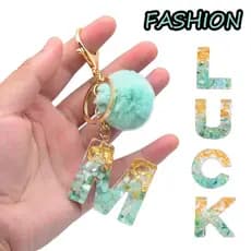 Moda Completa Folha De Ouro 26 Iniciais Carta Chaveiro Com Bonito Pompom Verde Feminino Glitter Gradiente Acrílico Alfab