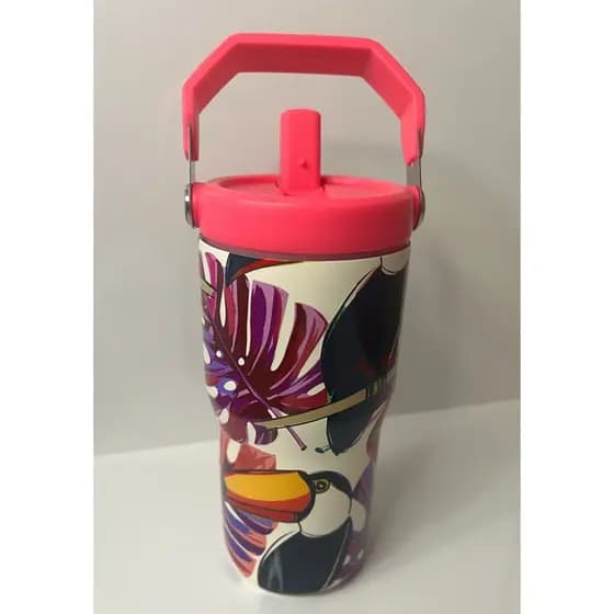COPO TERMICO 600ML BIRDS ESTAMPADO PASSAROS TUCANO ARARA COM 2 TAMPAS CANUDO E ALÇA