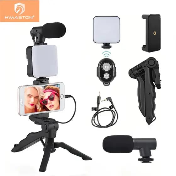 Kit De Vídeo Com Tripé Microfone Led Luz Suporte H'maston ZB04