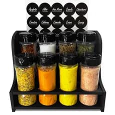 Suporte Tempero Escada Parede ou Bancada com 8 Potes 130ml + Etiquetas Tampa Dupla