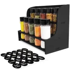 Suporte Tempero Escada Parede ou Bancada com 10 Potes 130ml + Etiquetas Tampa Dupla