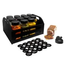 Suporte Tempero Caixa com 12 Potes 220ml Tampa Dupla com Etiquetas Condimentos