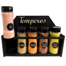 Suporte de Temperos Parede ou Mesa com 5 Potes 130ml Tampa Dupla + Etiquetas