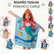 Roupão Infantil Poncho com Capuz Toalha para Piscina Praia Menino Menina Sereia Princeza Dinossauro