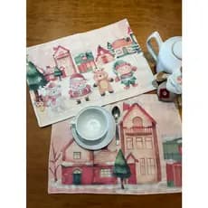 Kit Jogo Americano 2 em 1 Dupla Face Tecido Linho Premium Mesa Posta Bonecos Natal Rosa