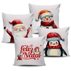Kit Com 4 Capas Almofadas Feliz Natal Branca 45x45cm