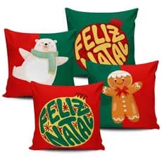 Kit Com 4 Capas Almofadas Feliz Natal Verde e Vermelho 45x45cm