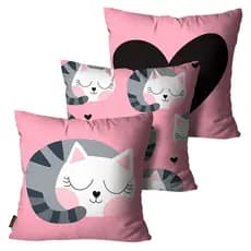 Kit 3 Capas de Almofadas Gato Rosa Coração 45x45