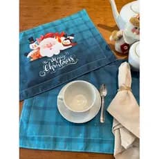Kit Jogo Americano 2 em 1 Dupla Face Tecido Impermeável Premium Mesa Posta Natal Azul e Listras