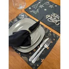Kit Jogo Americano 2 em 1 Dupla Face Tecido Impermeável Premium Mesa Posta Natal Preto e Dourado