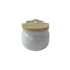 Saleiro Cerâmica Branca Tampa Madeira Cozinha Organização Decoração Resistente Sofisticado Decoração