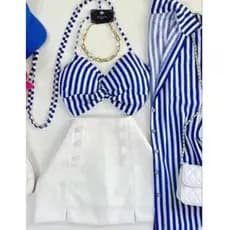 Conjunto Feminino Blusa Camisa Listrado manga longa ( Camisa listrada + Cropped) modelo confortável e estiloso