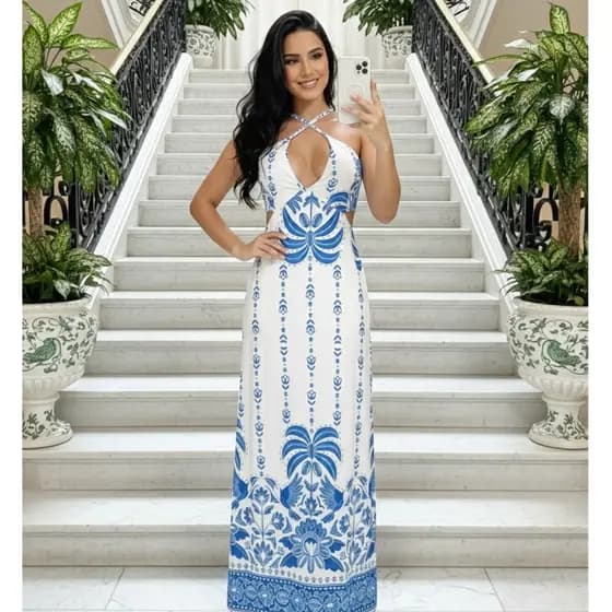 Vestido Longo Feminino Estampa Exclusiva Luxo Bojo Alças Regulavel Fenda Lateral Tropical Verao 2026